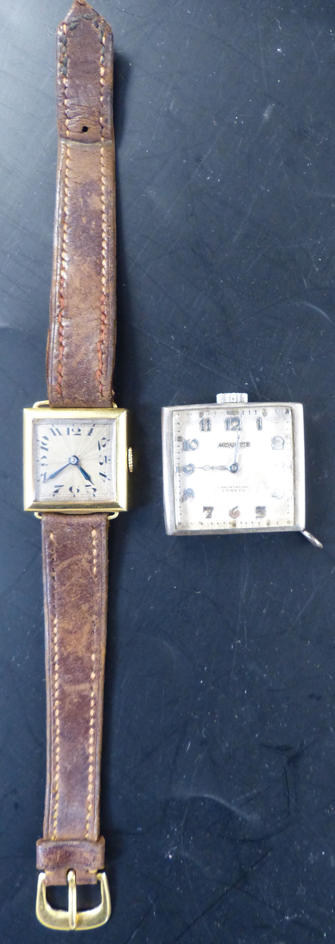 A ladys 1920s 18ct gold square dial wrist watch, 21mm, gross 14.8 grams and a Movado watch